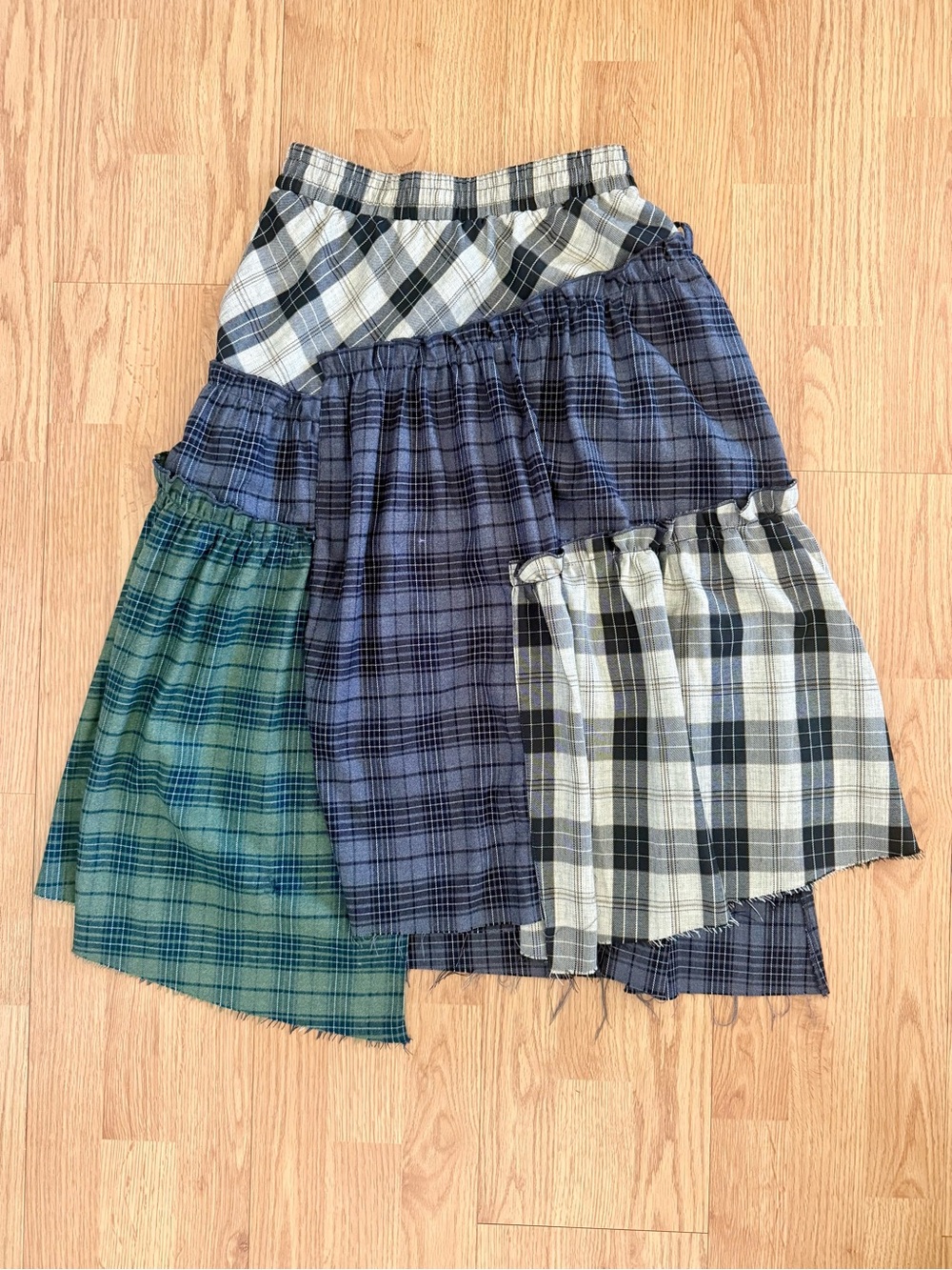 ASOS Tiered Multi Plaid Midi Skirt in Blue, Green, and Cream